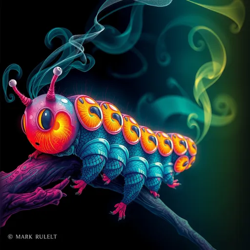 Prompt: ultradetailed glowing lines color gradient smoking caterpillar, bromoil print, Mark Ryden style mixed with SUSAN SEDDON-BOULET style