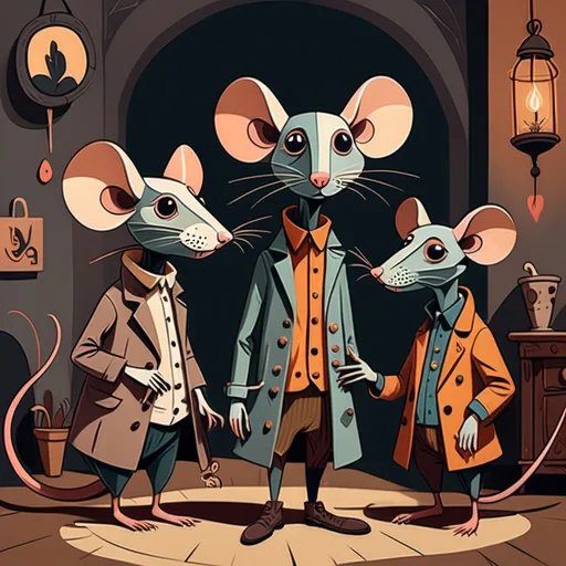 Prompt: Picasso style, dark, whimsical aesthetic, featuring quirky rat-like characters inspired by a whimsical aesthetic, featuring quirky expressions with exaggerated features. The style should have a gothic and surreal atmosphere, using muted colors, accented with bright colors. The characters should have elongated limbs, wearing whimsical clothes, and quirky boots, fantasy character art, illustration, warm tone