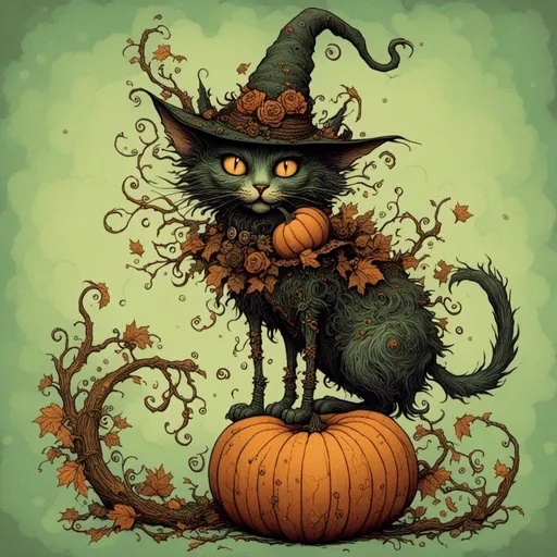 Prompt: <mymodel>zombie CAT body with a HEAD THAT IS A PUMPKIN WITCH