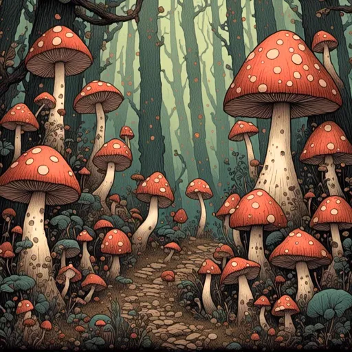 Prompt: <mymodel> illustration of a line of mushrooms in the forest