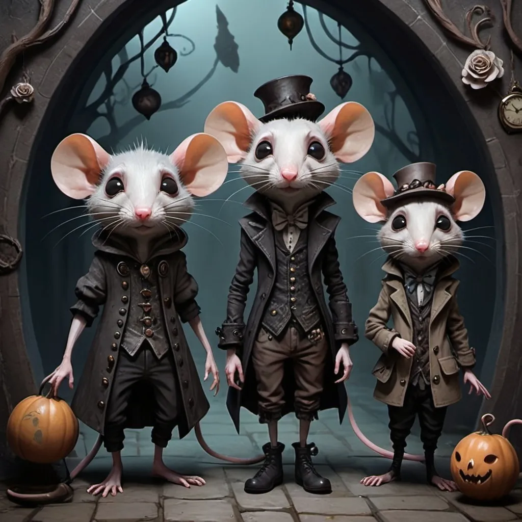 Prompt: Midjourney style, dark, whimsical aesthetic, featuring quirky rat-like characters inspired by a whimsical aesthetic, featuring quirky expressions with exaggerated features. The style should have a gothic and surreal atmosphere, using muted colors, accented with bright colors. The characters should have elongated limbs, wearing whimsical clothes, and quirky boots, fantasy character art,