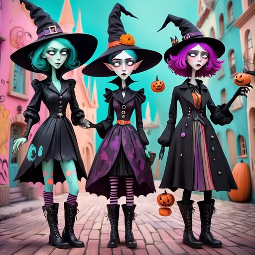 Prompt: Picasso style, dark, whimsical aesthetic, featuring quirky witch-like characters inspired by a whimsical aesthetic, featuring quirky expressions with exaggerated features. The style should have a gothic and surreal atmosphere, using muted colors, accented with bright colors. The characters should have elongated limbs, wearing whimsical clothes, and quirky boots