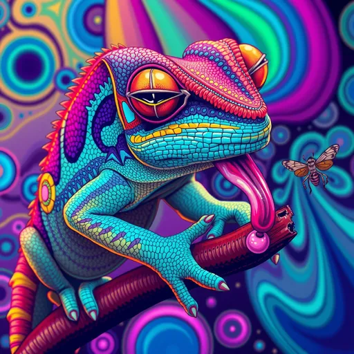 Prompt: (Alice RUNNING wonderland:3) ultradetailed glowing lines color gradient  An energetic cheeky chameleon in mid-color change, perched on a psychedelic canvas of swirling patterns. Its eyes are comically crossed in concentration, the tongue darting out in anticipation of an out-of-frame insect, its unique charm and humor heightened by the bright, exaggerated hue, SMOKING  bromoil print, (Mark Ryden:3), SUSAN SEDDON-BOULET