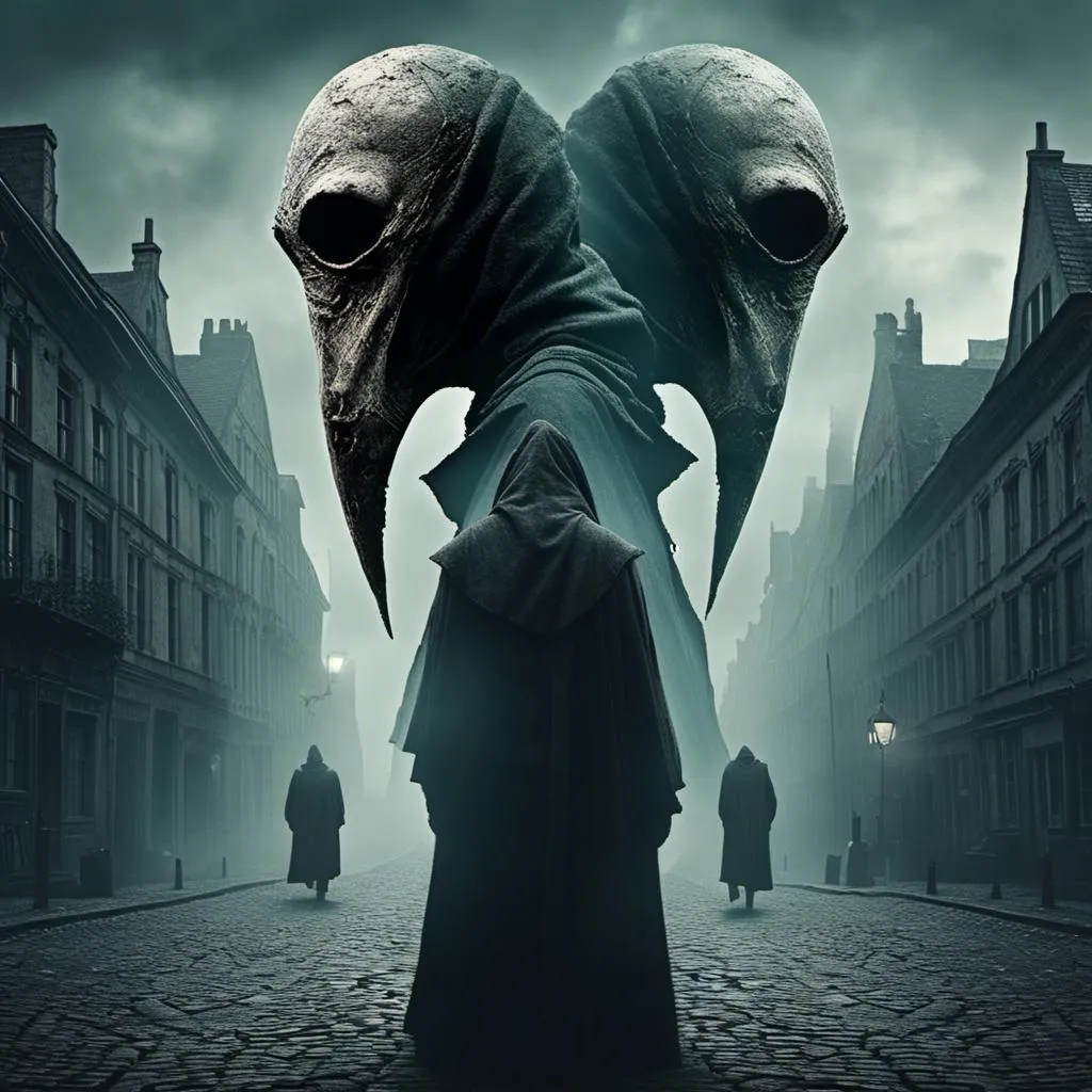 Prompt: <mymodel> split blended image of Two plague doctors standing back-to-back. Doctor on the left is a surreal, medieval era plague doctor surrounded by foggy, cobblestone streets. Doctor on the right is a sinister looking, dark fantasy, gothic, era plague doctor with glowing eyes in his detailed metal beak surrounded by foggy, futuristic cityscape. A cloudy, misty moonlit fade blends the eras in the middle, creating a seamless transition