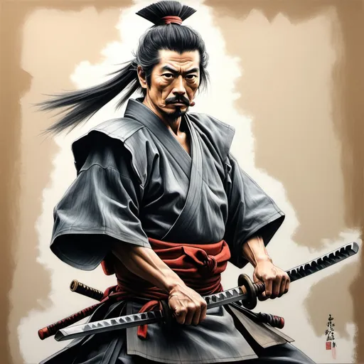 Prompt: Musashi Miyamoto, legend of Samurai Warrior, style of Veri Apriyatno, charcoal and soft pastels on Pastelist paper