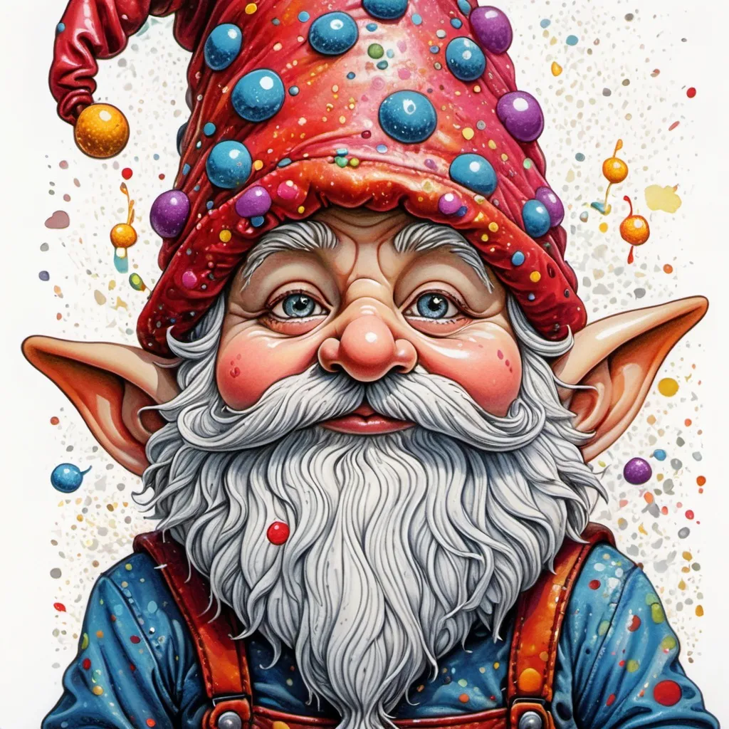 Prompt: whimsical gnome, floppy, scrunchy hat down over head with only round nose visible, pen and dot, contemporary art; SPARKLING, splatter, vivid pointillism, splotches; fantasy; intricately detailed, alcoholink