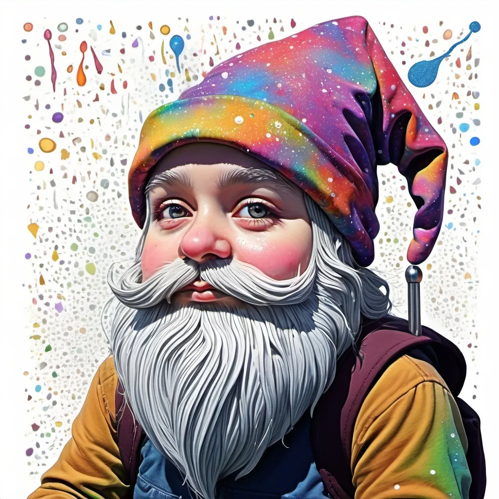 Prompt: (whimsical gnome), floppy scrunchy hat hiding most of the face, pen and dot technique, contemporary art style, (sparkling) colors, splatter, pointillism, colorful splotches, enchanting fantasy atmosphere, intricately detailed design, (alcoholink) effects, ultra-detailed depiction, creative and imaginative ambiance.