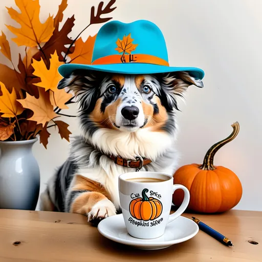 Prompt: blue merle austrailan shepherd wearing a fall hat, sitting next to a cup of pumpkin spice coffee whimsical cartoonish pen and alcoholink