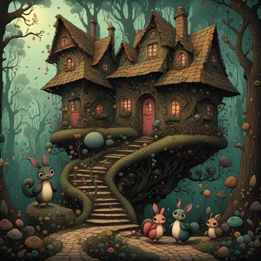 Prompt: <mymodel> a spiral road in the forest leading up the hill to a small house. Two cute fantasy forest creatures sitting on the porch