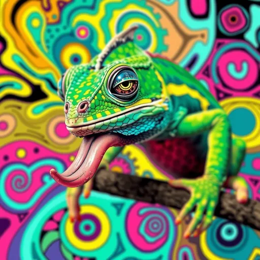 Prompt: An energetic Pop Art representation of a cheeky chameleon in mid-color change, perched on a psychedelic canvas of swirling patterns. Its eyes are comically crossed in concentration, the tongue darting out in anticipation of an out-of-frame insect, its unique charm and humor heightened by the bright, exaggerated hue