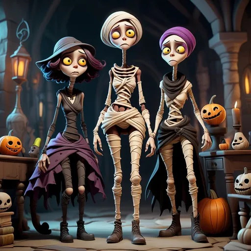 Prompt: a mysterious dark, whimsical aesthetic, featuring quirky mummy-like characters inspired by a whimsical aesthetic, featuring quirky expressions with exaggerated features. The style should have a gothic and surreal atmosphere, using muted colors, accented with bright colors. The characters should have elongated limbs, wearing whimsical clothes, and quirky boots, high quality, unreal engine