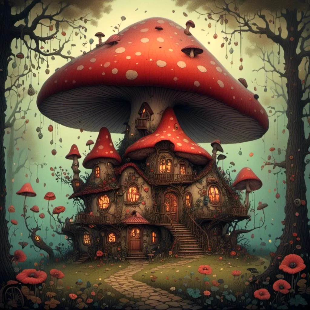 Prompt: <mymodel> big mushroom house, bright, poppy accents, hygge vibe, fantasy, fairy-tale