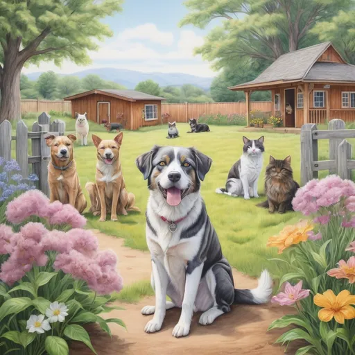 Prompt: Colored pencil drawing of an animal sanctuary, dedicated to senior dogs and cats, realistic fur details, vibrant colors, adorable expressions, high quality. The scene is filled with love, fun, and a sense of calm, surrounded by blooming flowers, tall grasses, and a gentle breeze. A quaint wooden sign reads, 'Senior Sanctuary: Where Every Pet Finds Peace.' The overall atmosphere radiates warmth, care, and contentment