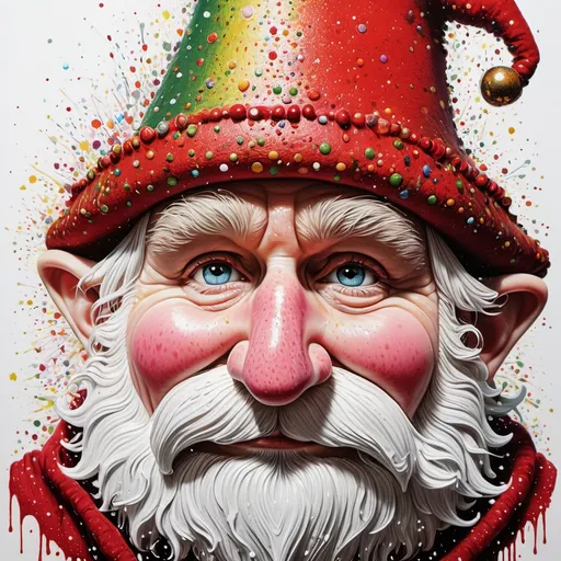 Prompt: whimsical nisse, hat scrunched up on top of nose, covering eyes completely, pen and dot, contemporary art; SPARKLING, splatter, vivid pointillism, splotches; fantasy; intricately detailed, alcoholink