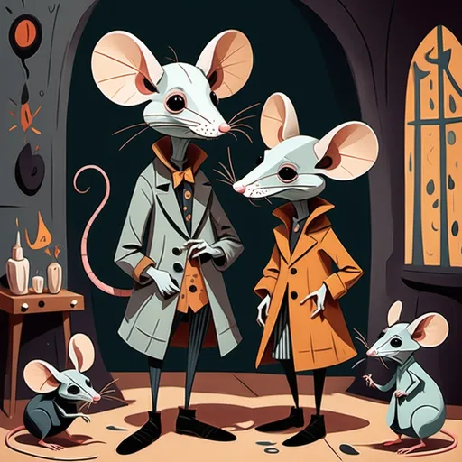 Prompt: Picasso style, dark, whimsical aesthetic, featuring quirky rat-like characters inspired by a whimsical aesthetic, featuring quirky expressions with exaggerated features. The style should have a gothic and surreal atmosphere, using muted colors, accented with bright colors. The characters should have elongated limbs, wearing whimsical clothes, and quirky boots, fantasy character art, illustration, warm tone