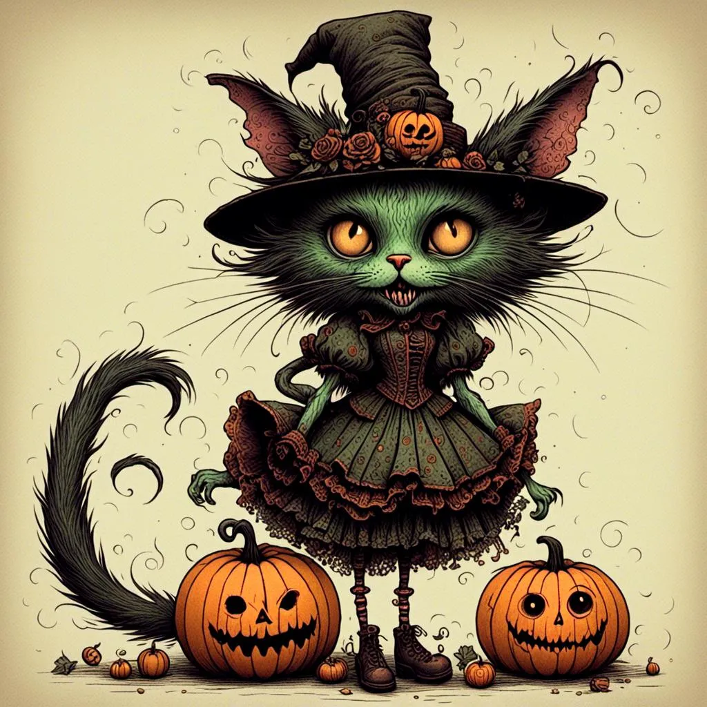 Prompt: <mymodel>zombie CAT body with a HEAD THAT IS A PUMPKIN WITCH