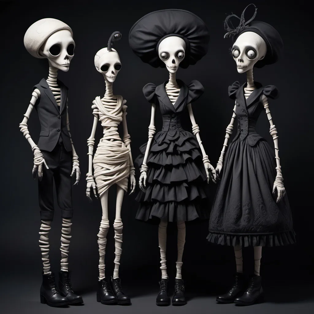 Prompt: dark, whimsical aesthetic, featuring quirky mummy-like characters inspired by a whimsical aesthetic, featuring quirky expressions with exaggerated features. The style should have a gothic and surreal atmosphere, using muted colors, accented with bright colors. The characters should have elongated limbs, wearing whimsical clothes, and quirky boots