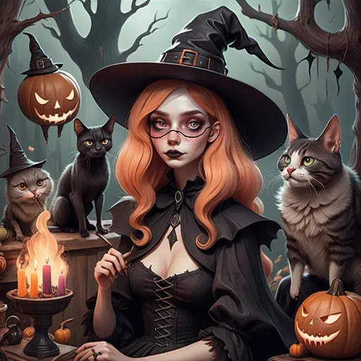 Prompt: hyper-realistic, dark, whimsical aesthetic, featuring quirky witch-like characters inspired by a whimsical aesthetic, featuring quirky expressions with exaggerated features. The style should have a gothic and surreal atmosphere, using muted colors, accented with bright colors. The characters should have elongated limbs, wearing whimsical clothes, and quirky boots, fantasy character art, illustration, warm tone