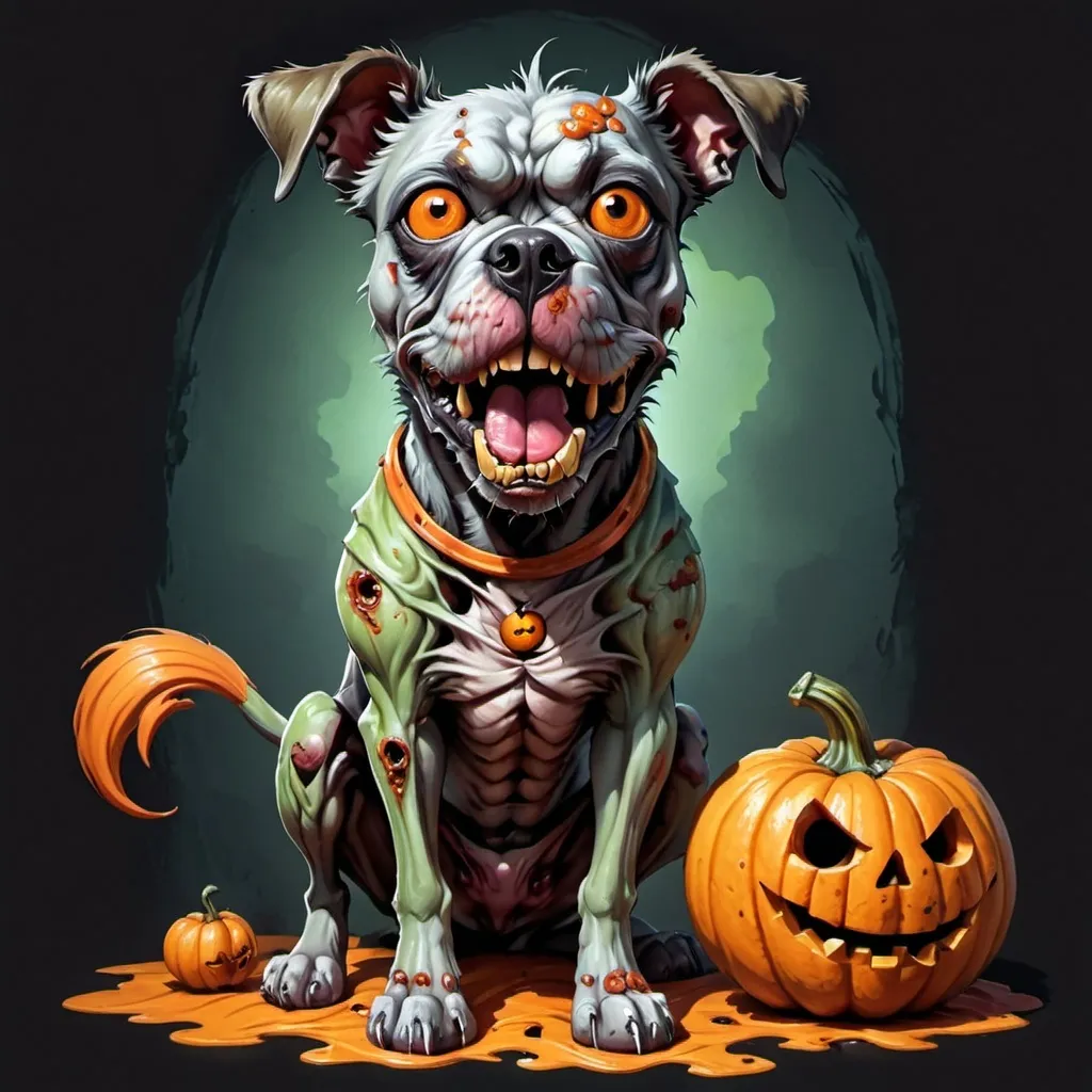 Prompt: 3D digital art oil painting, whimsical illustration, a zombie dog's body with a carved pumpkin head of a zombie