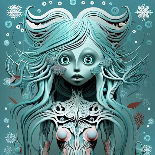 Prompt: illustration whimsical and surreal style, dark aesthetic, featuring winter, snowflakes, abstract, surrealism, light blue and light teal, big silly eyes, blonde hair, doll character, insanely realistic, insanely detailed, best quality ever, muted colors with bright accents, the characters should have elongated limbs, expressive faces, and a sense of quirky charm