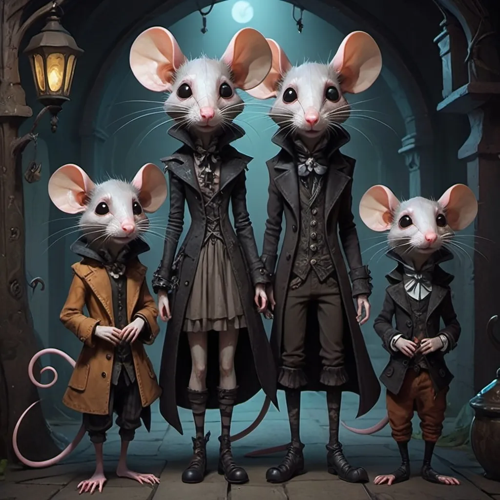 Prompt: Midjourney style, dark, whimsical aesthetic, featuring quirky rat-like characters inspired by a whimsical aesthetic, featuring quirky expressions with exaggerated features. The style should have a gothic and surreal atmosphere, using muted colors, accented with bright colors. The characters should have elongated limbs, wearing whimsical clothes, and quirky boots, fantasy character art,