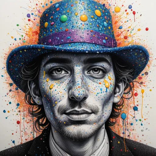 Prompt: whimsical tompte, hat scrunched up on top of nose, covering eyes completely, pen and dot, contemporary art; SPARKLING, splatter, vivid pointillism, splotches; fantasy; intricately detailed, alcoholink