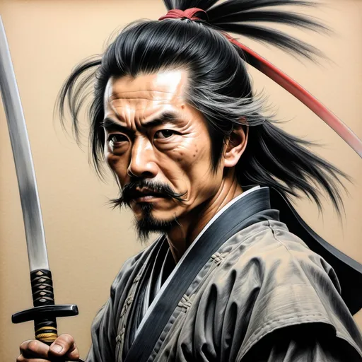 Prompt: Musashi Miyamoto, legend of Samurai Warrior, style of Veri Apriyatno, charcoal and soft pastels on Pastelist paper