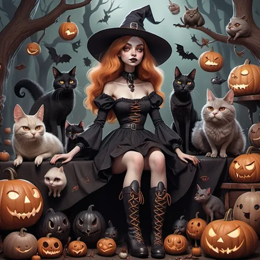 Prompt: hyper-realistic, dark, whimsical aesthetic, featuring quirky witch-like characters inspired by a whimsical aesthetic, featuring quirky expressions with exaggerated features. The style should have a gothic and surreal atmosphere, using muted colors, accented with bright colors. The characters should have elongated limbs, wearing whimsical clothes, and quirky boots, fantasy character art, illustration, warm tone