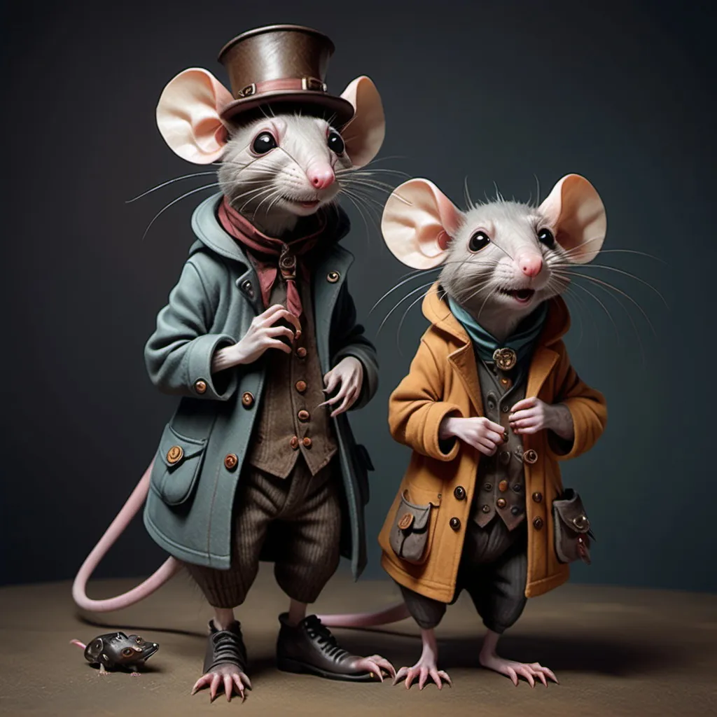 Prompt: hyper-realistic, dark, whimsical aesthetic, featuring quirky rat-like characters inspired by a whimsical aesthetic, featuring quirky expressions with exaggerated features. The style should have a gothic and surreal atmosphere, using muted colors, accented with bright colors. The characters should have elongated limbs, wearing whimsical clothes, and quirky boots, fantasy character art, illustration, warm tone