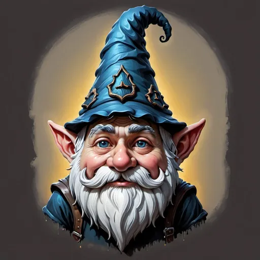 Prompt: 3D digital art oil painting, whimsical illustration, a gnome with a tall, crooked, twisted hat covering his eyes, nose is visible