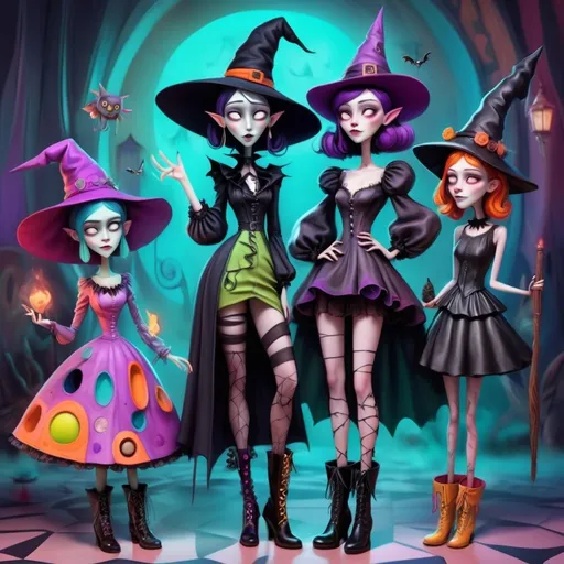 Prompt: Picasso style, dark, whimsical aesthetic, featuring quirky witch-like characters inspired by a whimsical aesthetic, featuring quirky expressions with exaggerated features. The style should have a gothic and surreal atmosphere, using muted colors, accented with bright colors. The characters should have elongated limbs, wearing whimsical clothes, and quirky boots