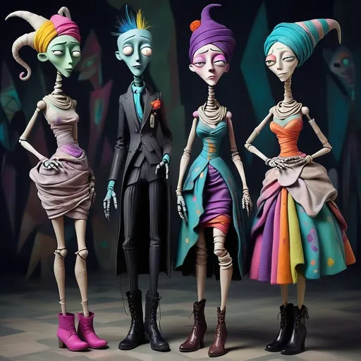 Prompt: Picasso style, dark, whimsical aesthetic, featuring quirky mummy-like characters inspired by a whimsical aesthetic, featuring quirky expressions with exaggerated features. The style should have a gothic and surreal atmosphere, using muted colors, accented with bright colors. The characters should have elongated limbs, wearing whimsical clothes, and quirky boots