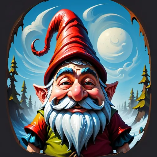 Prompt: 3D digital art oil painting, whimsical illustration, a gnome with a tall, crooked, twisted hat covering his eyes, nose is visible