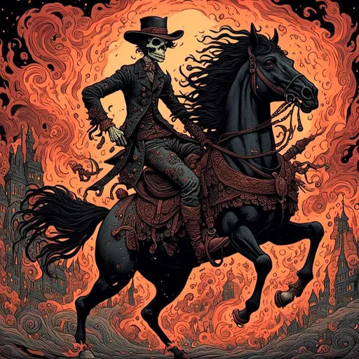 Prompt: <mymodel>  night time, horseman of apocalypse, fire horse, ghost rider on horseback, 1800s, cowboy with skull head on fire, black horse with fire on its hooves, galloping against apocalyptic landscape