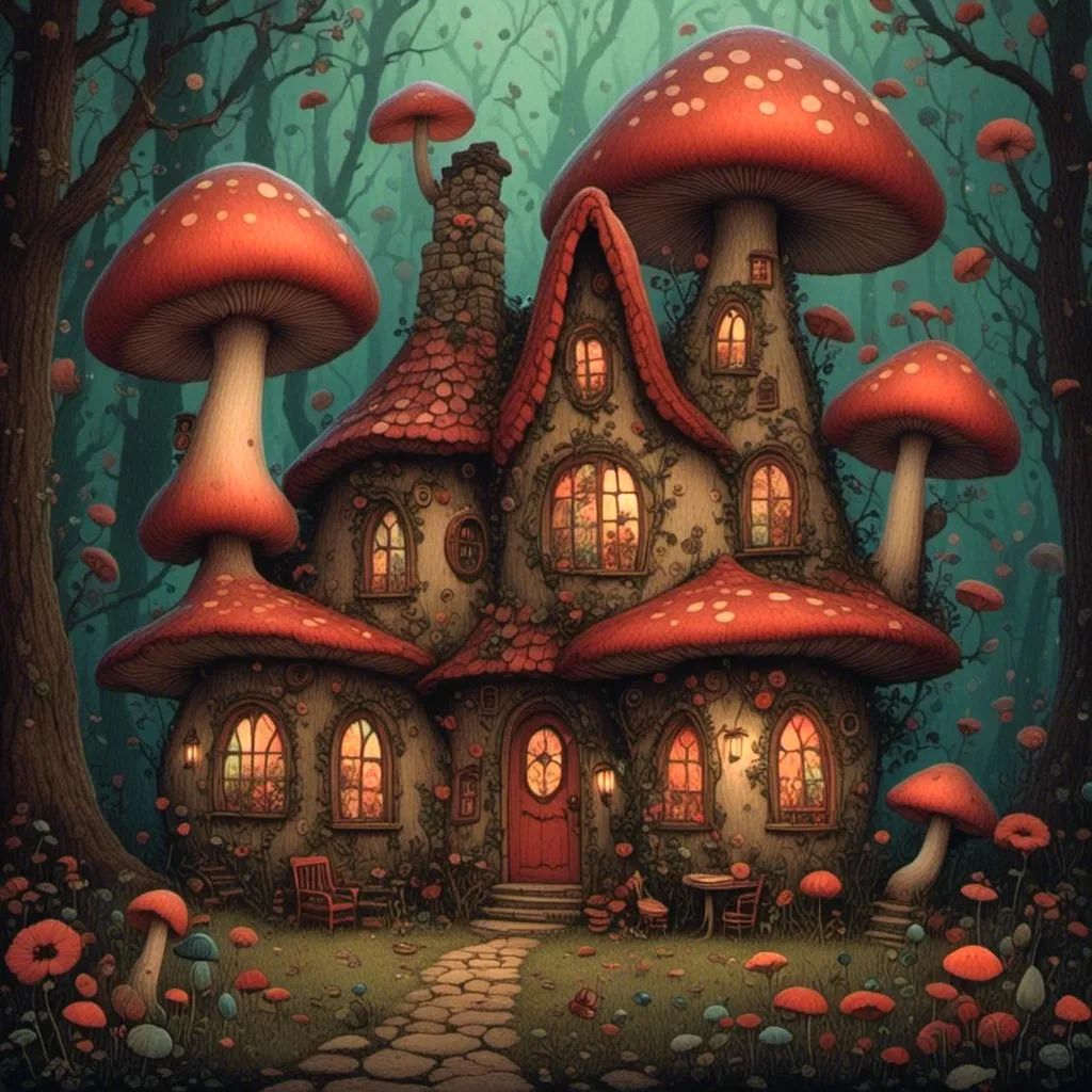 Prompt: <mymodel> big mushroom house, bright, poppy accents, hygge vibe, fantasy, fairy-tale