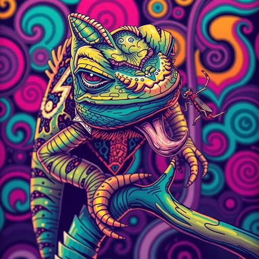 Prompt: (Alice RUNNING wonderland:3) ultradetailed glowing lines color gradient  An energetic cheeky chameleon in mid-color change, perched on a psychedelic canvas of swirling patterns. Its eyes are comically crossed in concentration, the tongue darting out in anticipation of an out-of-frame insect, its unique charm and humor heightened by the bright, exaggerated hue, SMOKING  bromoil print, (Mark Ryden:3), SUSAN SEDDON-BOULET