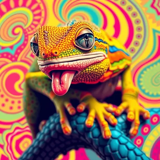 Prompt: An energetic Pop Art representation of a cheeky chameleon in mid-color change, perched on a psychedelic canvas of swirling patterns. Its eyes are comically crossed in concentration, the tongue darting out in anticipation of an out-of-frame insect, its unique charm and humor heightened by the bright, exaggerated hue