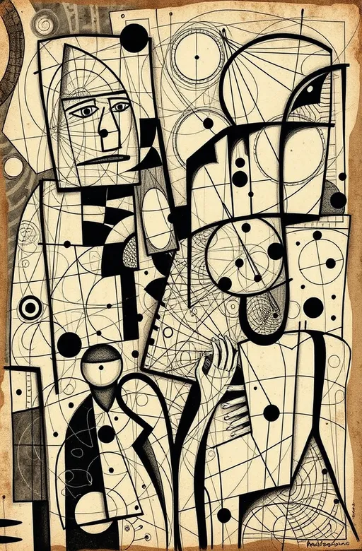 Prompt: Guernica by Pablo Picasso, an abstract, cubism, zentangle, chaos, with a sepia monochrome palette