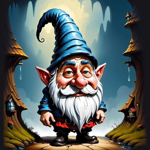 Prompt: 3D digital art oil painting, whimsical illustration, a gnome with a tall, crooked, twisted hat covering his eyes, nose is visible