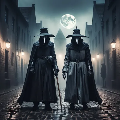 Prompt: split blended image of Two plague doctors standing back-to-back. Doctor on the left is a surreal, medieval era plague doctor surrounded by foggy, cobblestone streets. Doctor on the right is a sinister looking, dark fantasy, gothic, era plague doctor with glowing eyes in his detailed metal beak surrounded by foggy, futuristic cityscape. A cloudy, misty moonlit fade blends the eras in the middle, creating a seamless transition