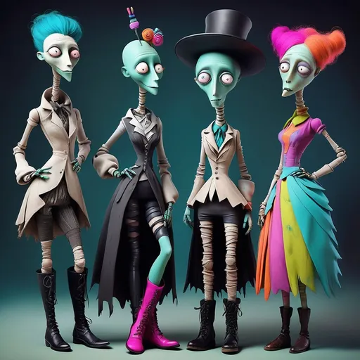 Prompt: Picasso style, dark, whimsical aesthetic, featuring quirky mummy-like characters inspired by a whimsical aesthetic, featuring quirky expressions with exaggerated features. The style should have a gothic and surreal atmosphere, using muted colors, accented with bright colors. The characters should have elongated limbs, wearing whimsical clothes, and quirky boots