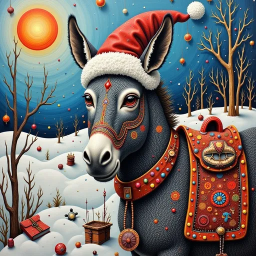 Prompt: donkey wearing a santa hat in a snowy scene