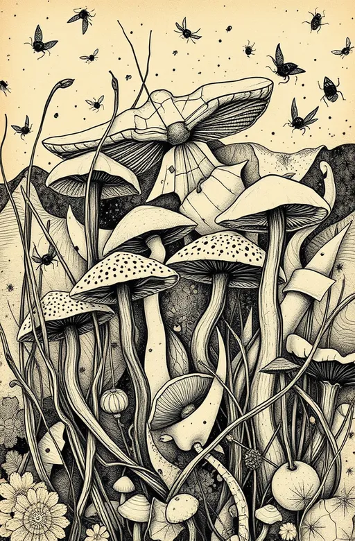 Prompt: Guernica by Pablo Picasso, an abstract, cubism, zentangle of mushrooms pieces and weeds, chaos, bugs, with a sepia monochrome palette