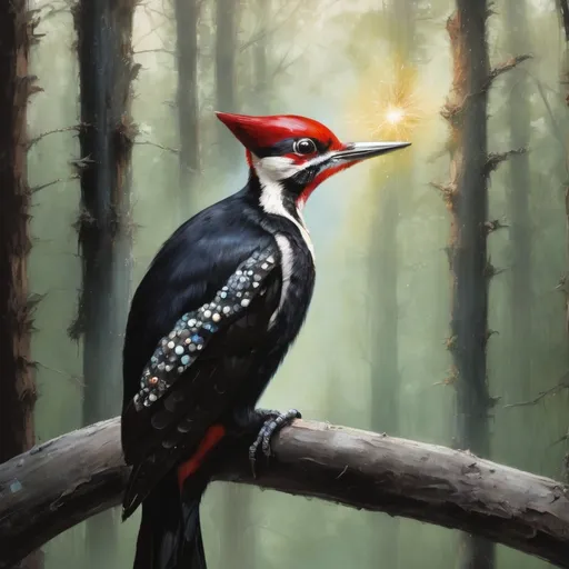 Prompt: Portrait, (majestic-hyperdetailed Pileated Woodpecker:3) (SPARKLEY-GLOWING FOREST:3) fine-art spirit-based ink // Laurel Burch, SUSAN SEDDON-BOULET