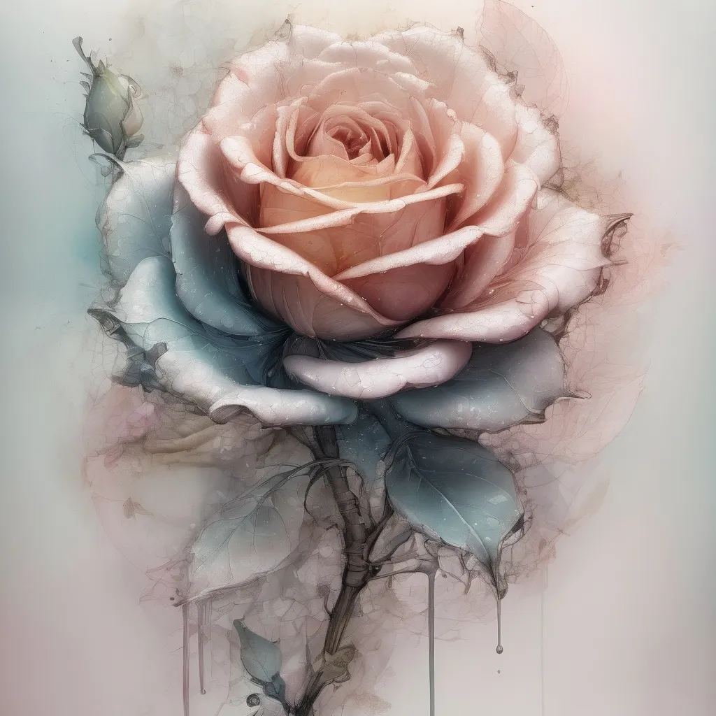 Prompt: Pastel color ink masterpiece of Filigree Fractal wrapping around a mesmerizing delicate rosebud inspired by "Russ Mills"  TINY brushstrokes, smooth textures, side shot, dripping ink, beautiful light and shadows, fantasy botanical art