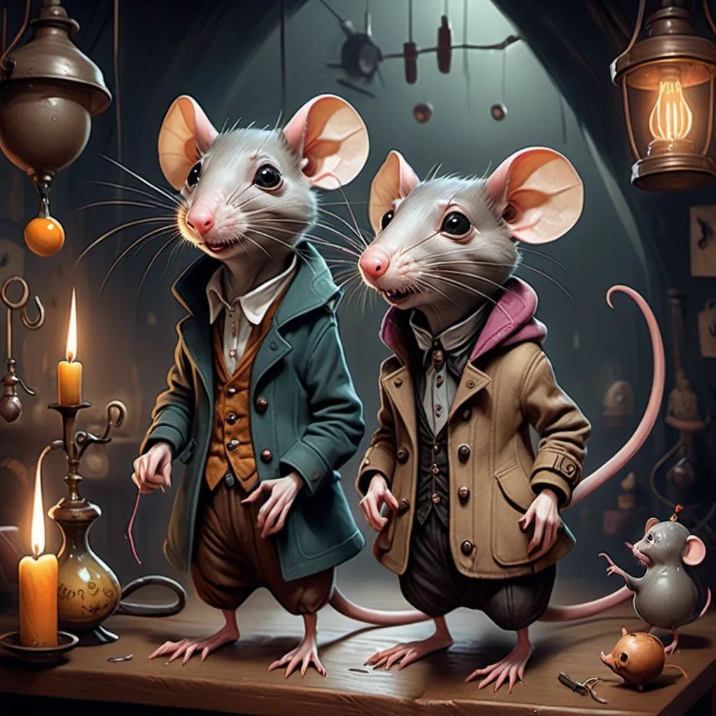 Prompt: hyper-realistic, dark, whimsical aesthetic, featuring quirky rat-like characters inspired by a whimsical aesthetic, featuring quirky expressions with exaggerated features. The style should have a gothic and surreal atmosphere, using muted colors, accented with bright colors. The characters should have elongated limbs, wearing whimsical clothes, and quirky boots, fantasy character art, illustration, warm tone