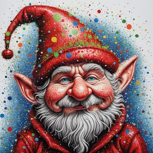 Prompt: whimsical nisse, hat scrunched up on top of nose, covering eyes completely, pen and dot, contemporary art; SPARKLING, splatter, vivid pointillism, splotches; fantasy; intricately detailed, alcoholink