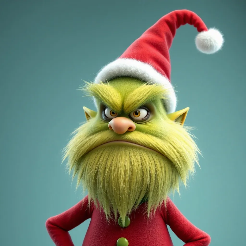 Prompt: Create a whimsical gnome with features inspired by the Grinch. The gnome is a grouchy, light green-furred creature with a lean, wiry frame and a potbelly, his face contorted into a perpetual scowl, complete with a long, slightly upturned nose and a pair of beady, mischievous yellow eyes. His fingers are long and bony, often curled as if in contemplation or scheming, while his thin, floppy Santa hat and red suit give him a peculiar, comical appearance while Mixing styles of colorful, pastels, soft colors, story book wholesome 3D storybook illustrations