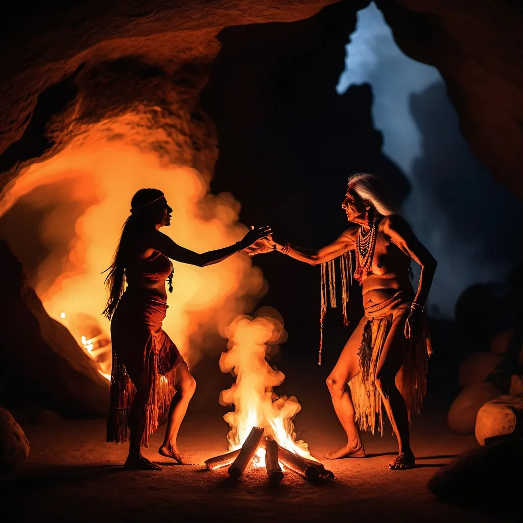 Prompt: Cave fire glow woman and Indian elder dance around the fire