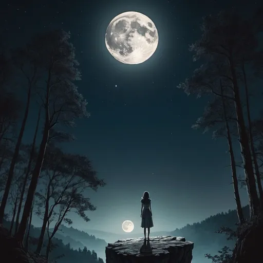 Prompt: Woman stands on the edge of a cliff in a forest the moon full in the night sky there a figures of people standing behind her 